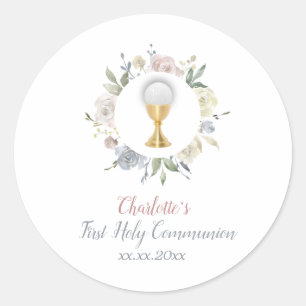 Sticker Rond Première communion fille cercle fleurs pâles