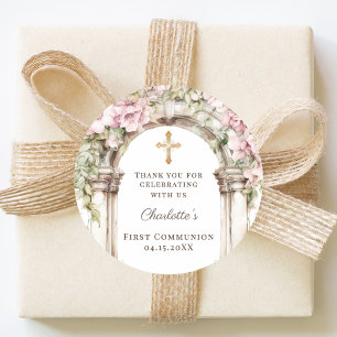 Sticker Rond Première communion fille croix d'arche de fleurs r