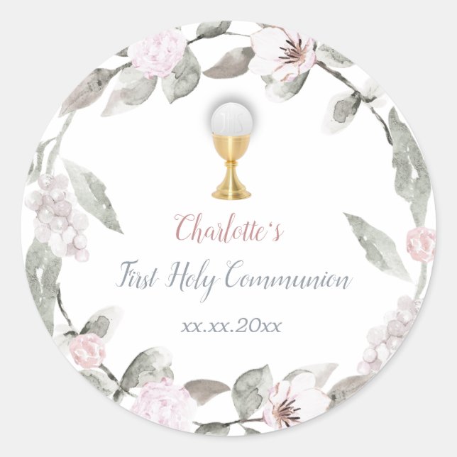 Sticker Rond Première communion fille fleurs couronne (Devant)