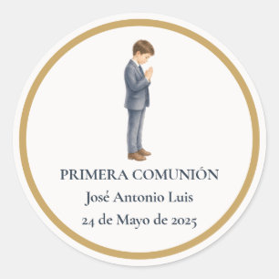 Sticker Rond Première communion garçon priant