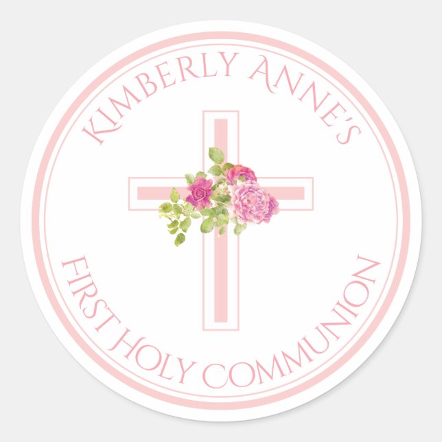 Sticker Rond Première communion Roses roses roses croisées Nom  (Devant)