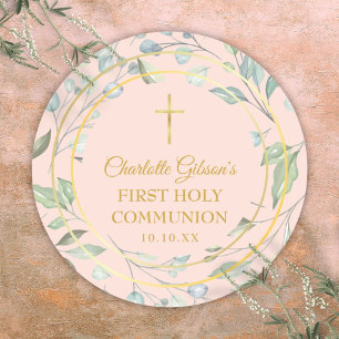 Sticker Rond Première communion verte rose pastel