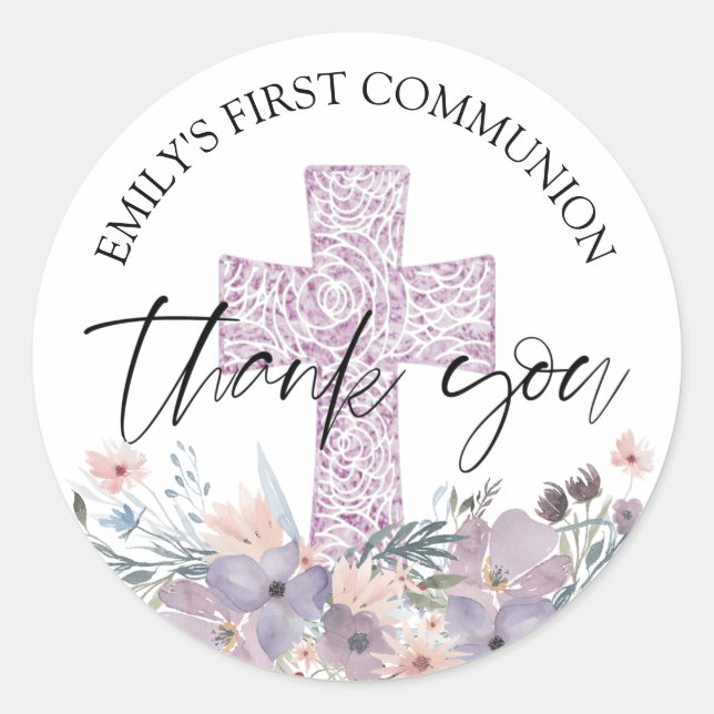 Sticker Rond Première communion violet Fleur sauvage Merci (Devant)