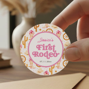 Sticker Rond Première Cowgirl de Rodéo Rose Fête d'anniversaire