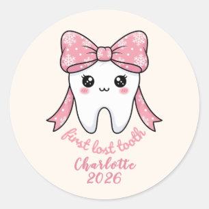 Sticker Rond Première Dent de Bébé Ruban Rose Kawaii