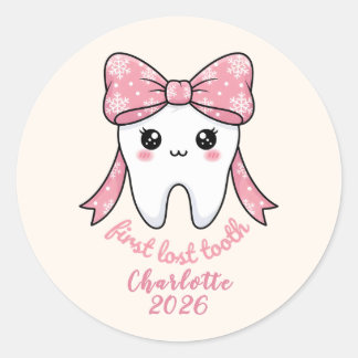 Sticker Rond Première Dent de Bébé Ruban Rose Kawaii