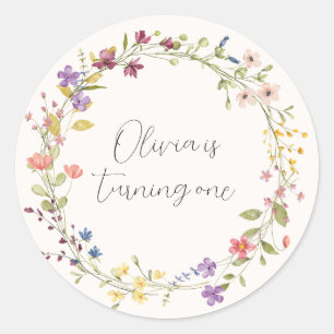 Sticker Rond Première fête d'anniversaire de Wreath fleur sauva