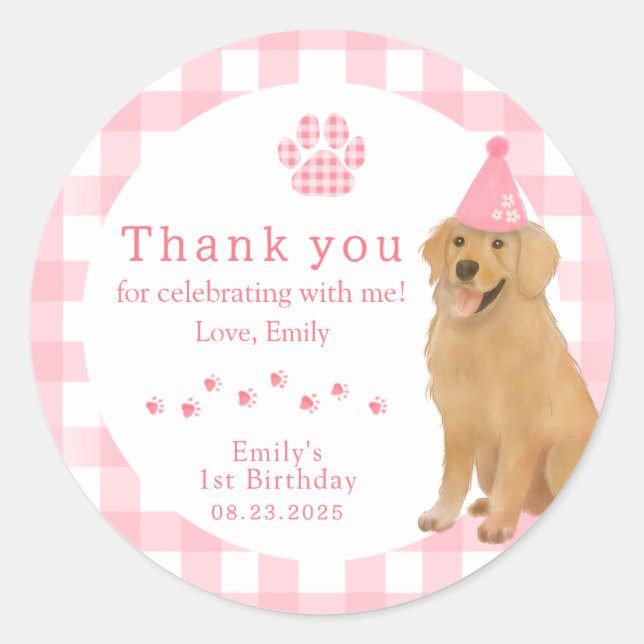 Sticker Rond Première fête d'anniversaire rose Golden Retriever (Devant)