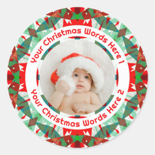 Sticker Rond Première photo de famille rouge et verte de Noël d