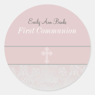 Sticker Rond Première sainte communion de dentelle rose