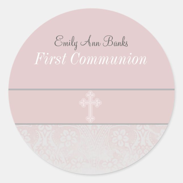 Sticker Rond Première sainte communion de dentelle rose (Devant)
