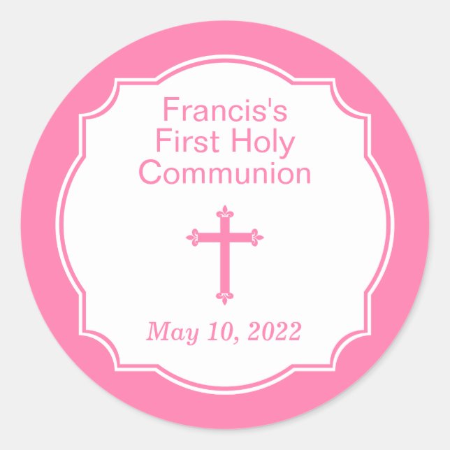 Sticker Rond Première sainte communion de fille de Croix rose (Devant)