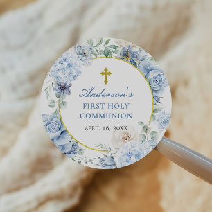 Sticker Rond Première Sainte Communion Floral Bleu Poussiéreux