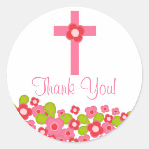 Sticker Rond Première sainte communion florale rose croisée
