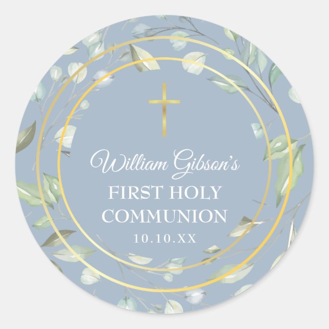 Sticker Rond  Première Sainte Communion Verdure Croix d'or bleu (Devant)