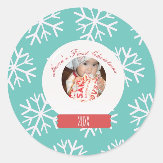 Sticker Rond Premiers Snowglobe Snowflakes de Noël pour bébé Tu (Devant)