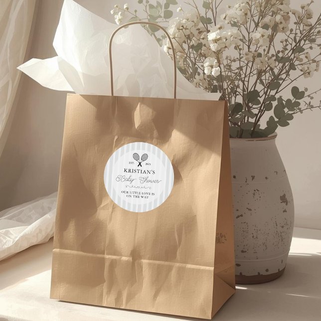 Sticker Rond Preppy Grey Tennis Theme Chic Baby Shower (elegant grey and white striped tennis theme baby shower stickers for thank you favors gifts preppy)