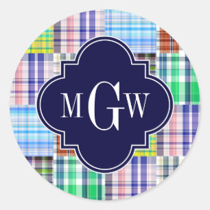 Sticker Rond Preppy Patchwork Madras Navy Quatrefoil Monogramme