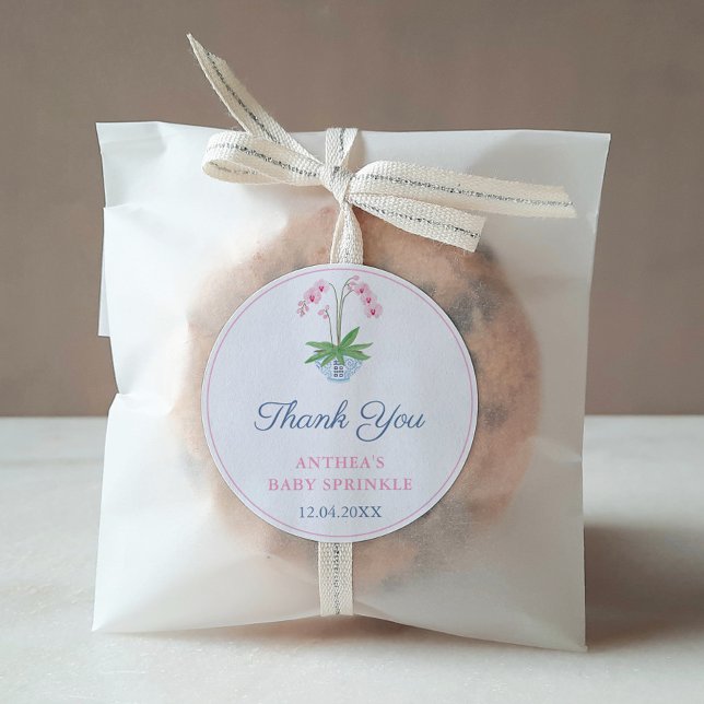 Sticker Rond Preppy Rose Et Bleu Baby shower Fille Orchidée Fav (Elegant pink watercolor orchid in ginger jar thank you favor sticker design)