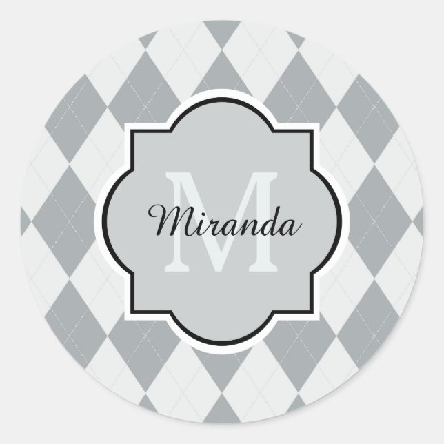 Sticker Rond Preppy Soft Grey Jacquard Girly Monogramme et nom (Devant)
