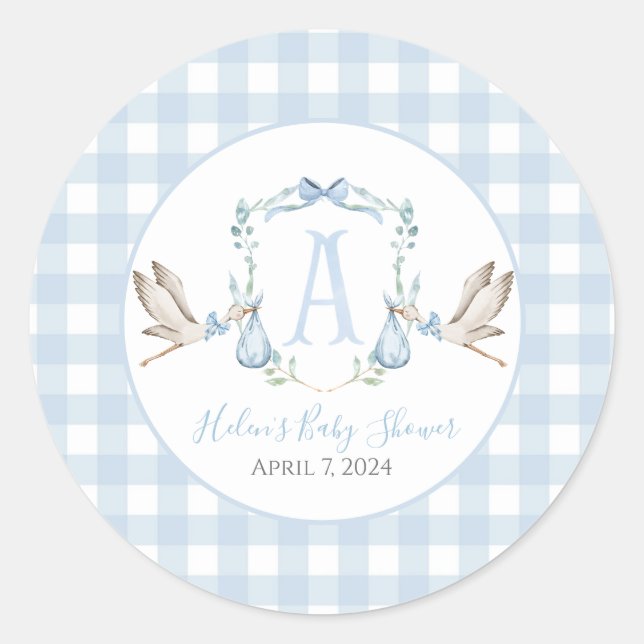 Sticker Rond Préppy Southern Blue Boy Stork Baby shower (Devant)