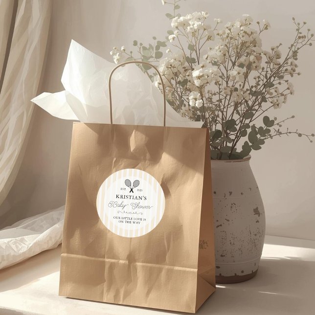 Sticker Rond Preppy Yellow Tennis Thème Baby shower chic (elegant preppy chic yellow tennis theme baby shower stickers for thank you gifts favors and prizes)