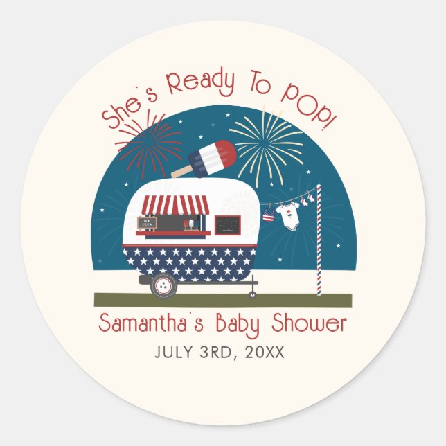 Sticker Rond Prêt À Pop Rouge Blanc Bleu Baby shower Patriotiqu (Devant)