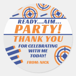 Sticker Rond Prêt, Objectif, Fête ! Nerf Gun fête d'anniversair