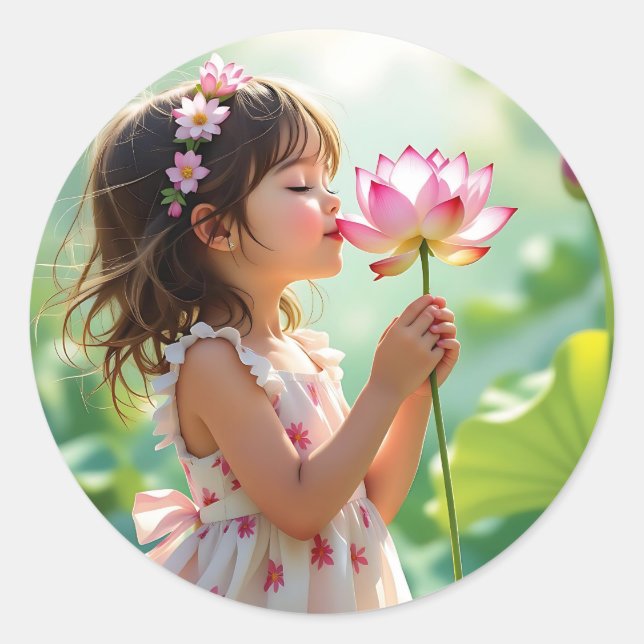 Sticker Rond Pretty Little Girl Smelling a Pink Rose (Devant)