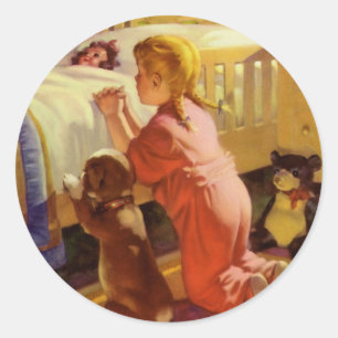 Sticker Rond Prières au coucher, Fille avec chiot, Religion Vin