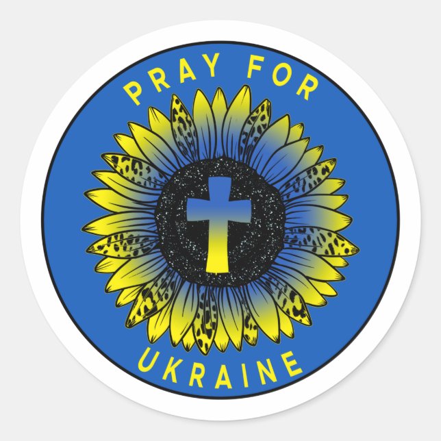 Sticker Rond Priez pour Ukraine Tournesol et Croix (Devant)