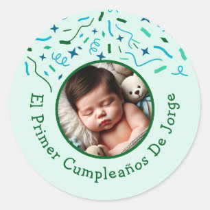 Sticker Rond Primer Cumpleaños de Bebé Fiesta Infantil Con Foto