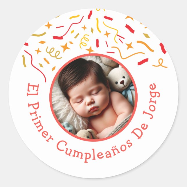 Sticker Rond Primer Cumpleaños de Bebé Fiesta Infantil Con Foto (Devant)