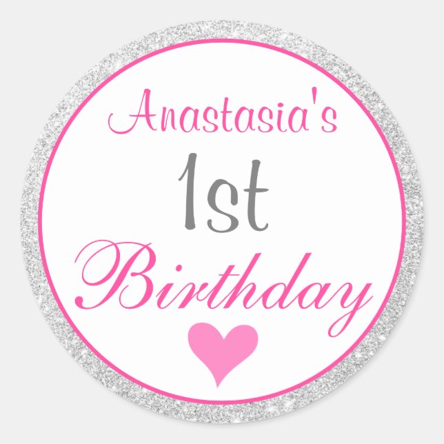 Sticker Rond Princess Pink & Silver Parties scintillant 1er ann (Devant)