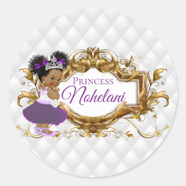 Sticker Rond Princesse africaine violette | Élégant blanc et or (Devant)