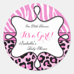 Sticker Rond Princesse Baby Shower Fille Rose Léopard Zèbre