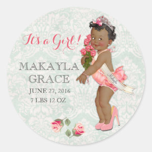 Sticker Rond Princesse Bébé Fille Afro-Américaine Nom personnal
