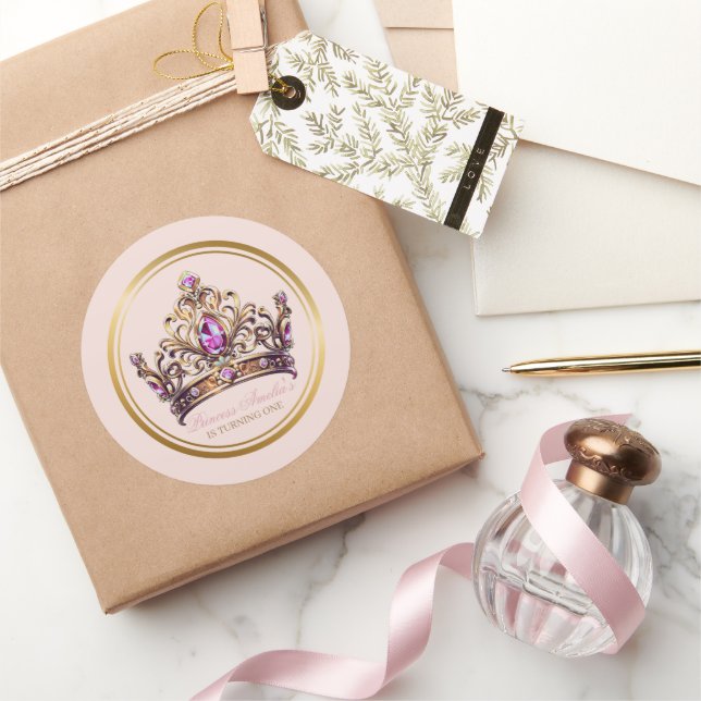 Sticker Rond Princesse Couronne d'or rose 1er anniversaire (Cadeaux)