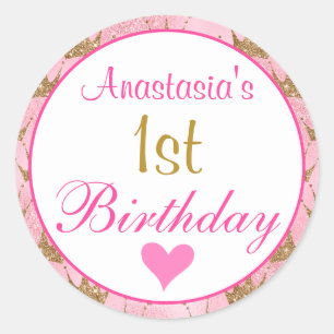 Sticker Rond Princesse fille rose et Parties scintillant or 1er