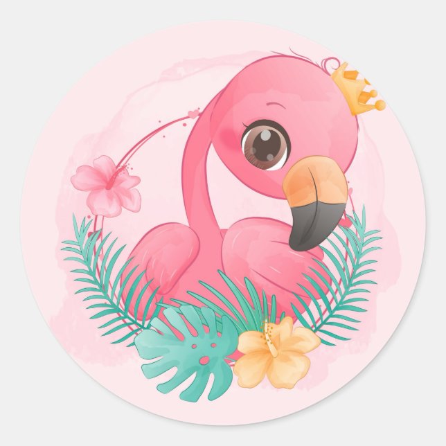 Sticker Rond Princesse Flamant rose rose Baby shower fille rose (Devant)