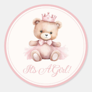 Sticker Rond Princesse rose ours Bébé Baby shower fille