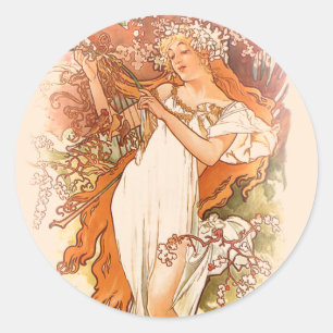 Sticker Rond Printemps - Alphonse Mucha Art Nouveau