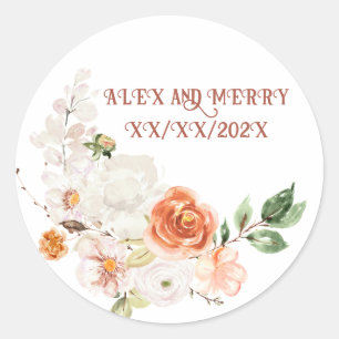 Sticker Rond Printemps été mariage MONOGRAM Bouquet rose