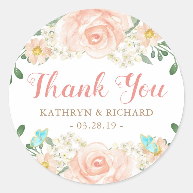 Sticker Rond Printemps Faveur Blush Peach Flowers Merci (Devant)