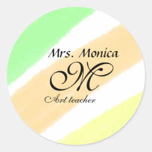 Sticker Rond Professeur d'art jaune vert aquarelle nom rayures