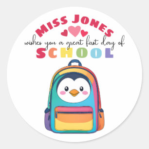Sticker Rond professeur manchot premier jour de la rentrée clas