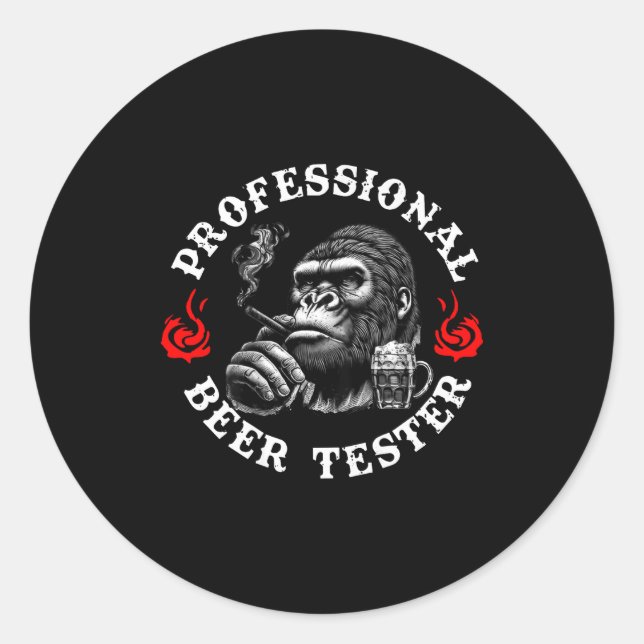 Sticker Rond Professional Beer Tester Funny Drinking Monkey Quo (Devant)