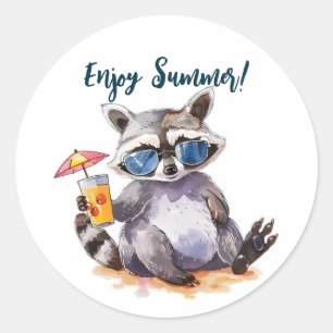 Sticker Rond Profitez de l'aquarelle d'été du raton laveur