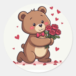 Sticker Rond Proposition d'ours romantique Kawaii avec les Rose