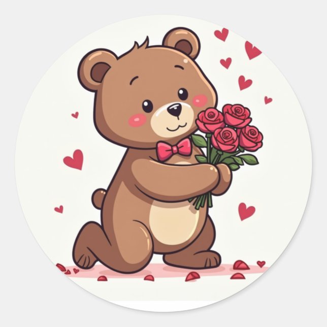 Sticker Rond Proposition d'ours romantique Kawaii avec les Rose (Devant)